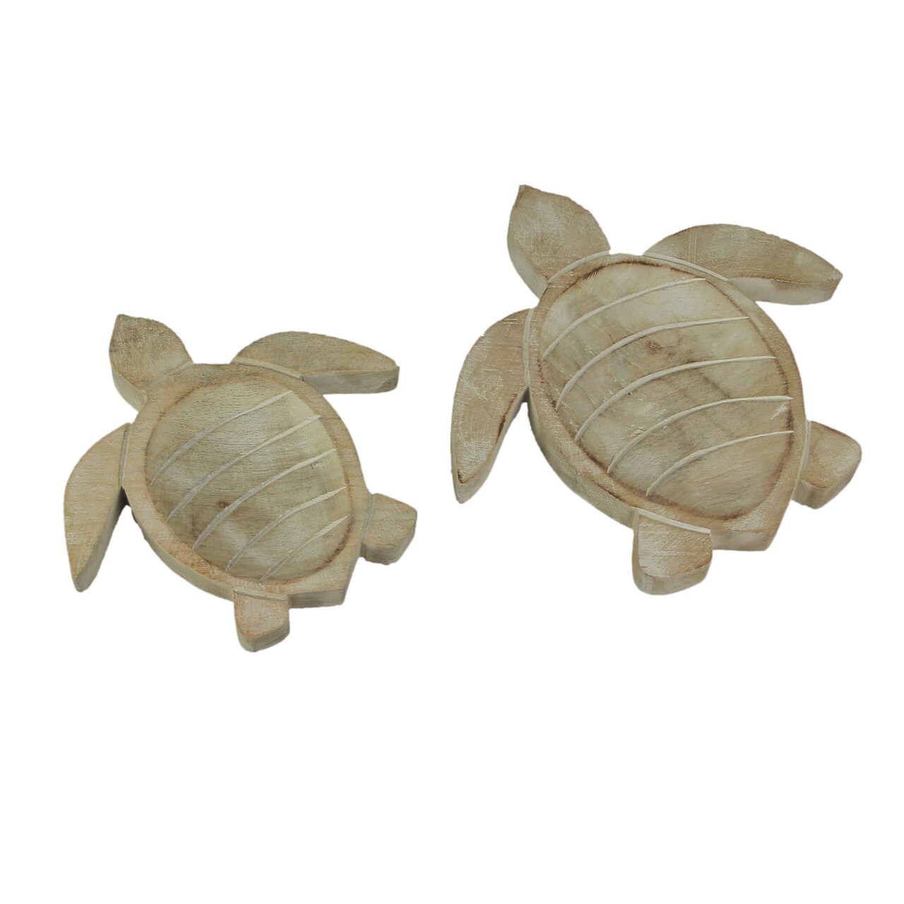 Set of 2 Hand Carved Wooden Sea Turtle Decorative Bowl 8 and 10 Inch